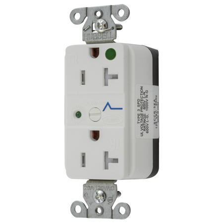 HUBBELL WIRING DEVICE-KELLEMS Straight Blade Devices, Decorator Duplex Receptacle, Hospital Grade, SNAP-Connect, Surge supression, Tamper Resistant, LED Indicator, 20A 125V SNAP8362WS